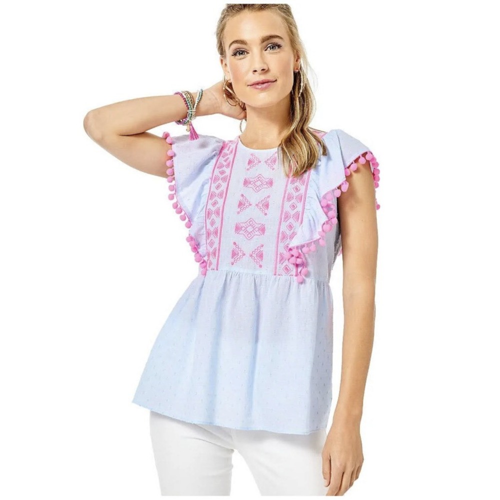 Lilly Pulitzer Raquelle Top Small Bluebell Blue Swiss Dot Dobby Chambray Blouse
